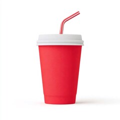 赤いカップに白い蓋とストロー 白い背景