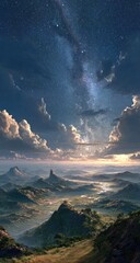 Vast landscape view at dawn, mountains, valley, milky way