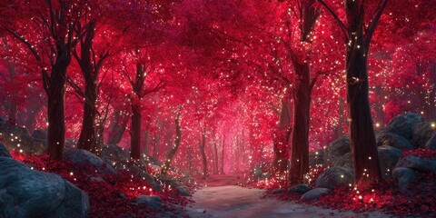 A vibrant, glowing, red forest path