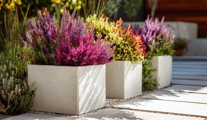 Three light beige square planters filled with vibrant purple, pink, and orange heather plants
