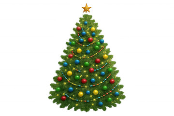 Obraz premium Christmas tree decorating festive season with colorful ornaments, glowing lights, and a golden star on transparent background
