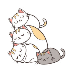 Cute cartoon stack of sleeping kittens isolated on white background