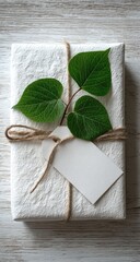 Simple white gift box with green leaves and twine