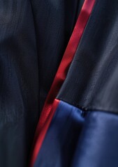 Close-up of dark fabric with a contrasting red stripe, showing texture and subtle color variations