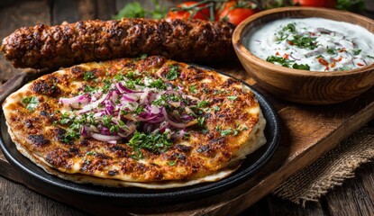 Grilled meat skewers, flatbread, and yogurt sauce on wooden board