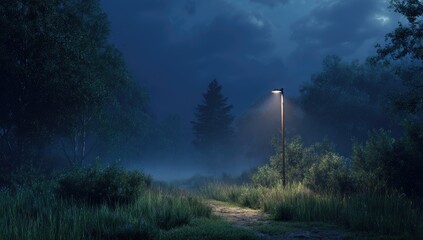 Misty forest path at night lit by a lamp post