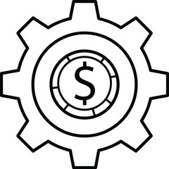 Vector art of simple line art icon of a gear with a coin featuring a dollar sign in the center, symbolizing financial mechanics, industry, or economic machinery
