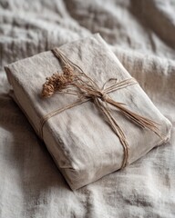 Beige gift box wrapped in linen fabric, tied with twine and dried flowers