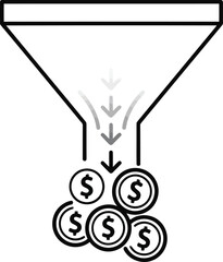 Vector art of line art icon of a sales funnel with coins dropping out, symbolizing lead generation and sales process