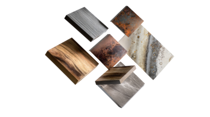 Assorted material samples, various textures and colors