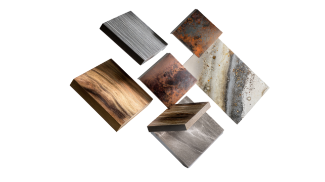 Assorted material samples, various textures and colors