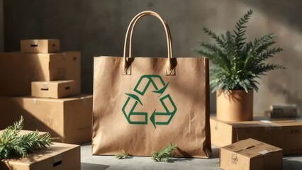 リサイクルマークの付いた茶色のショッピングバッグとカートンボックス