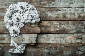 Crumpled paper head silhouette on weathered wood, gears inside