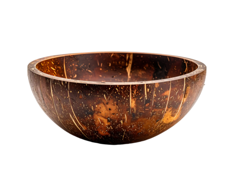 A dark brown, handcrafted coconut shell bowl, exhibiting natural striations and speckles, sits against a black background.  Its smooth, rounded form is shallow and wide