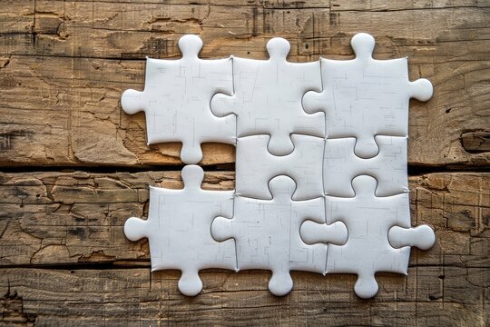 Eight white puzzle pieces, one missing, arranged on a rustic wooden surface.  The image suggests incompleteness or a challenge to be solved