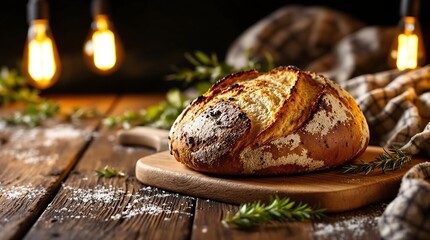 Explore artisan sourdough bread loaf recipe homemade fresh baked rustic bread on wooden board and table setting