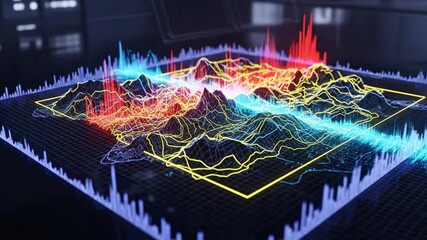 Abstract 3D topographic data visualization with glowing colorful lines and grids, representing complex information and analysis - Powered by Adobe