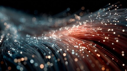High-detail render of twisted fiber optic network lines flowing into central core symbolizing bandwidth, upload/download symmetry, digital demand and uninterrupted online access