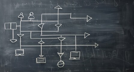 A complex flowchart drawn in string on a chalkboard, with various symbols representing data flow and processing stages. Background includes faint, illegible writings