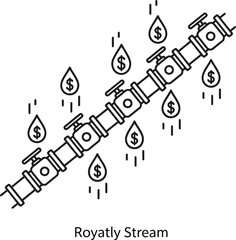 Vector art of line art illustration of a pipe with valves and dollar signs dripping, symbolizing a royalty stream