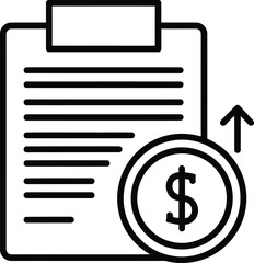 Vector art of line art icon of a document or report with a coin showing a dollar sign and an upward arrow, symbolizing financial growth