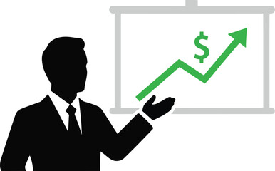 Vector art of silhouette of a businessman presenting a financial chart showing dollar growth with an upward arrow on a whiteboard