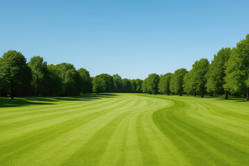 Naklejka premium Winding golf course fairway with vibrant green stripes and a backdrop of lush green trees under a clear blue sky