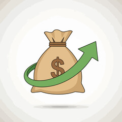 Vector art of a money bag with a dollar sign and a green upward arrow indicating financial growth, set against a gradient background
