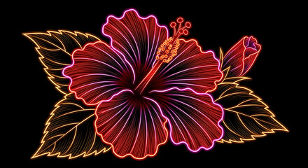 Neon Glowing Hibiscus Flower with Vibrant Tropical Neon Lines