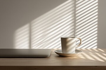 Off White Coffee Cup on Wooden Table with Laptop and Sunlight