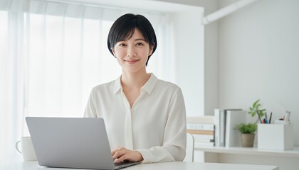 白を基調とした部屋でパソコン作業をする女性
