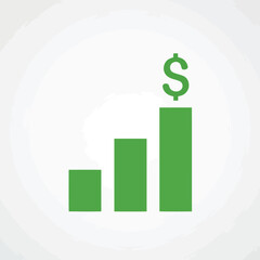 Vector art of a simple green bar chart showing increasing heights, topped with a dollar sign, symbolizing financial growth, profit, and economic success