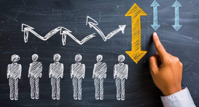 Chalkboard illustration depicts a hand pointing to a prominent upward arrow among smaller arrows, symbolizing leadership and exceeding expectations within a group