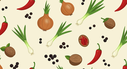 This digital illustration presents a dynamic and vibrant arrangement of essential culinary spices