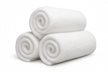 Rolled white clean towels stacked, representing comfort, hygiene, and relaxation in a spa or bathroom setting