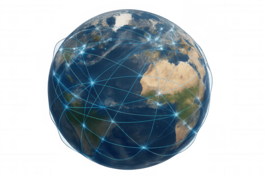 Global communication network connecting cities on earth, modern technology creating worldwide digital data exchange