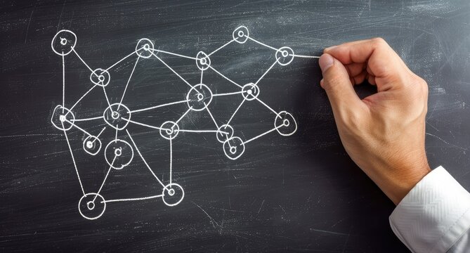 A hand draws a network diagram on a blackboard with white string and circles, illustrating connection and interrelation