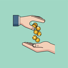 Vector art of hand giving gold coins to another hand, symbolizing donation, payment, or financial transaction