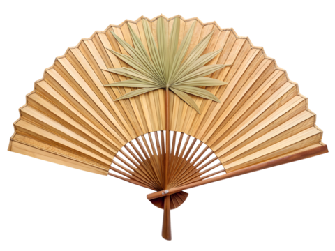 Elegant natural bamboo fan with palm leaf accent brings tropical flair and artisanal charm,isolated on white background