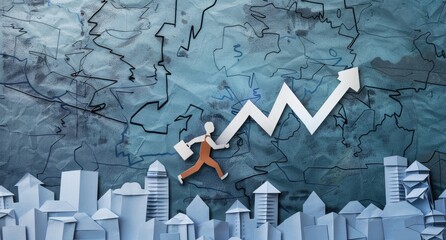Paper craft figure strides upward along a growth chart above a cityscape on a textured background