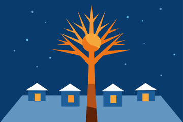 A festive winter night landscape with a snow-covered house and a glowing Christmas tree