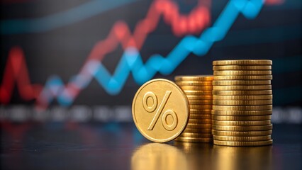 Close-up shot of gold coins with a percentage symbol in front of a financial graph.