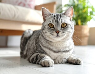 Grey cat lying on light floor