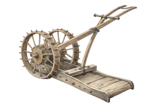 Discover ancient farming innovation with this detailed wooden seed drill machine model,isolated on white background
