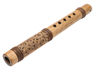 Exquisite carved wooden flute with intricate floral patterns, a beautiful folk instrument for music lovers,isolated on white background
