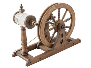 Authentic vintage spinning wheel crafted from rich wood, evoking heritage and traditional textile artistry,isolated on white background