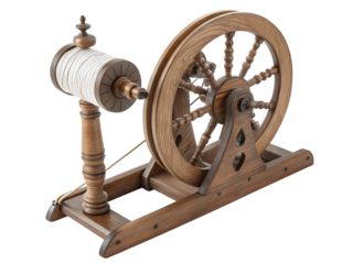 Authentic vintage spinning wheel crafted from rich wood, evoking heritage and traditional textile artistry,isolated on white background