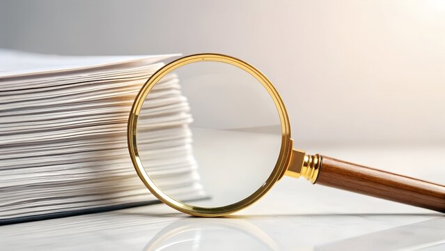 A classic magnifying glass with a golden rim and wooden handle inspects a large stack of paper documents.