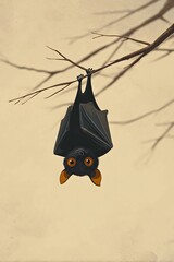 Cute plush bat hanging upside down from a tree branch against a soft background