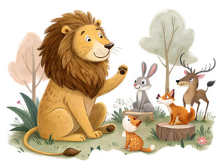 Friendly lion greets cute forest animals in a whimsical woodland scene,isolated on white background